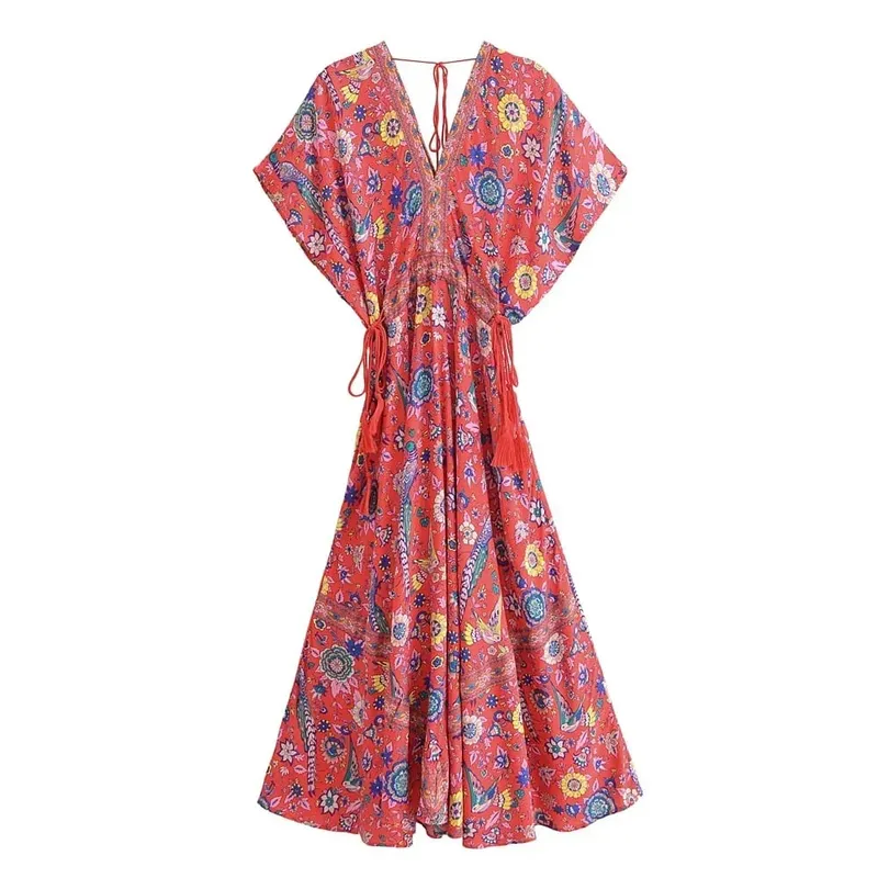 Boho Queens Wanita Merak Bunga Cetak Lengan Kelawar Pantai Bohemian Maxi Gaun Wanita V Leher Rumbai Gaun Musim Panas Vestidos — image 9
