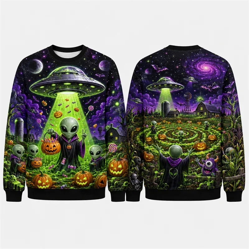 Pumpkin Ghost Graffiti Sweatshirt Halloween Mens 3D Print Polyester Crew Neck Long Sleeve Hip Hop Fashion Pullover Oversized Fit — image 7