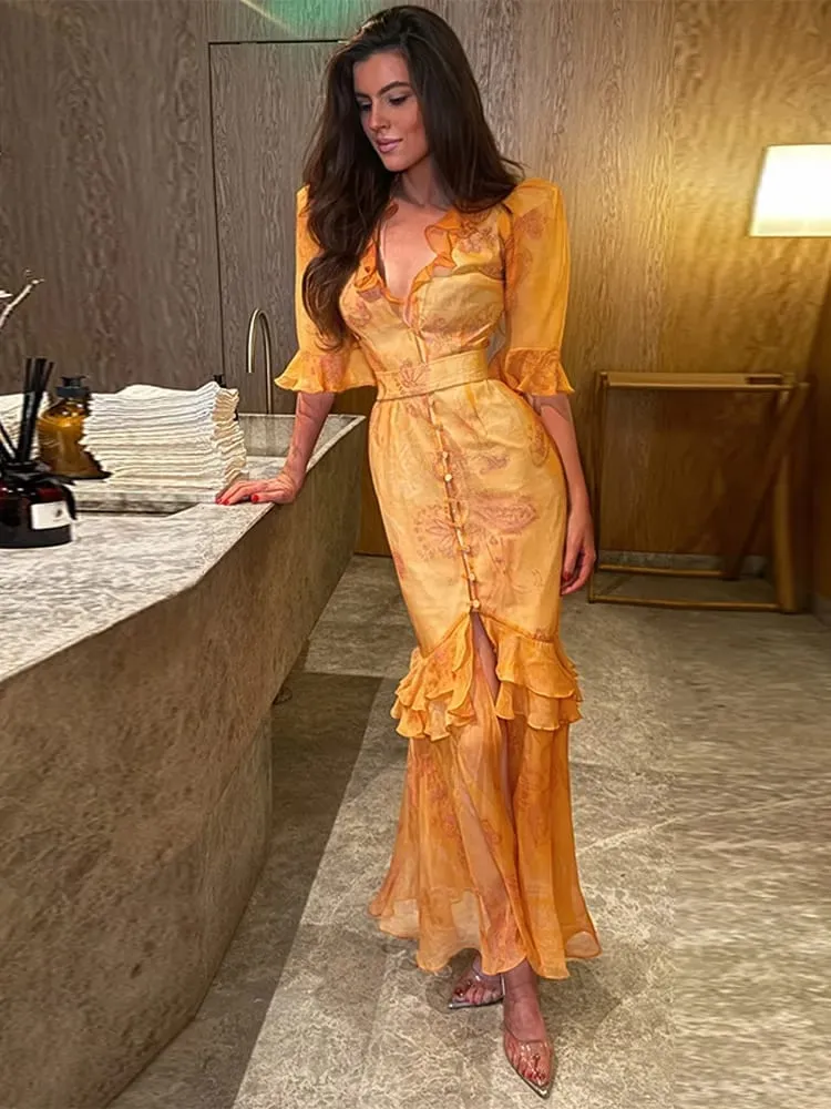 Elegant Ruffle ผู้หญิงชุดยาว V คอครึ่งแขนปุ่มเอว Cinching จีบชุด 2026 ฤดูใบไม้ผลิ Lady แฟชั่น Party Robes