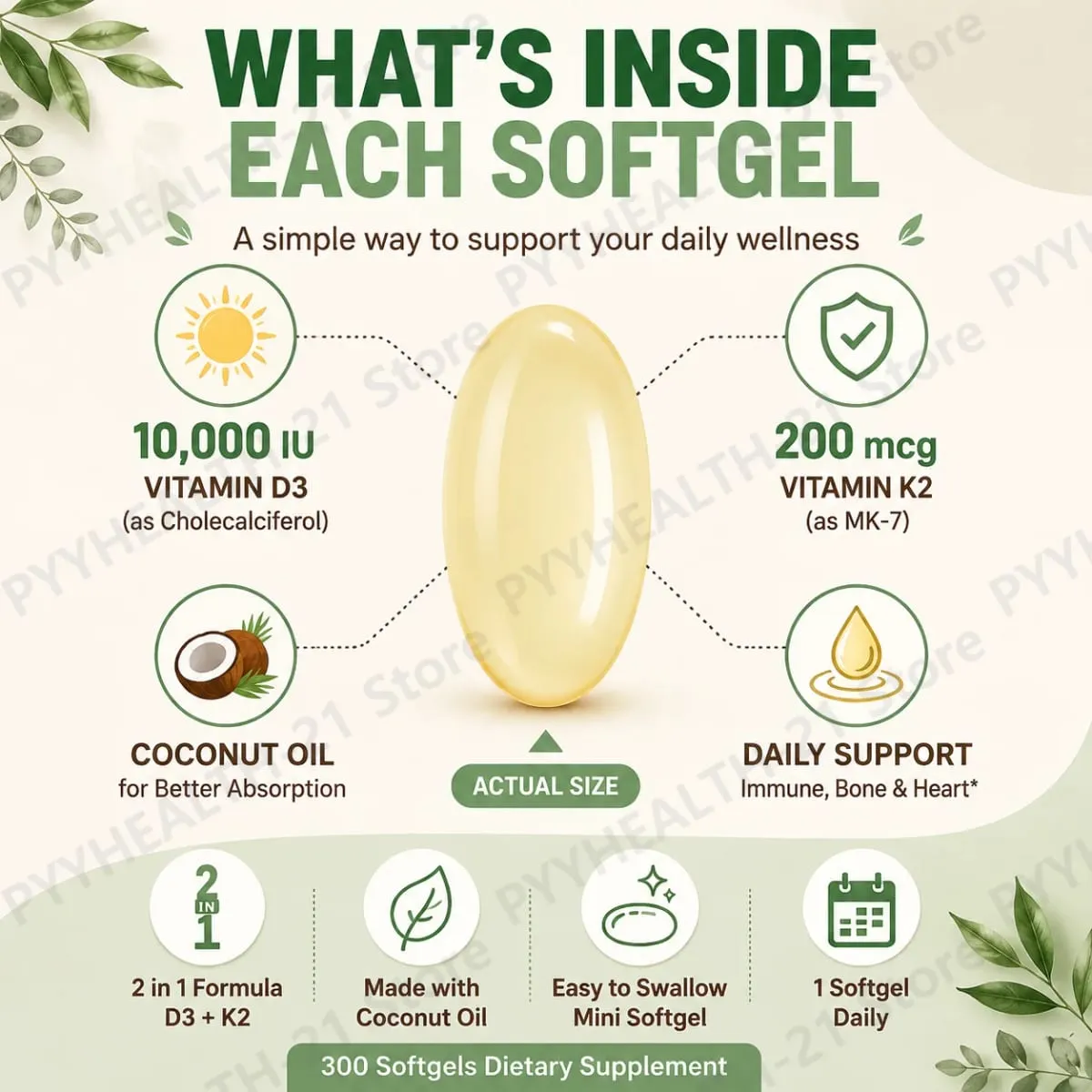 Vitamin D3 10000 IU K2 MK-7 200 mcg Softgels with Coconut Oil 2 in 1 Supports Strong Bones Immune Function Heart Health 300 Ct — image 6