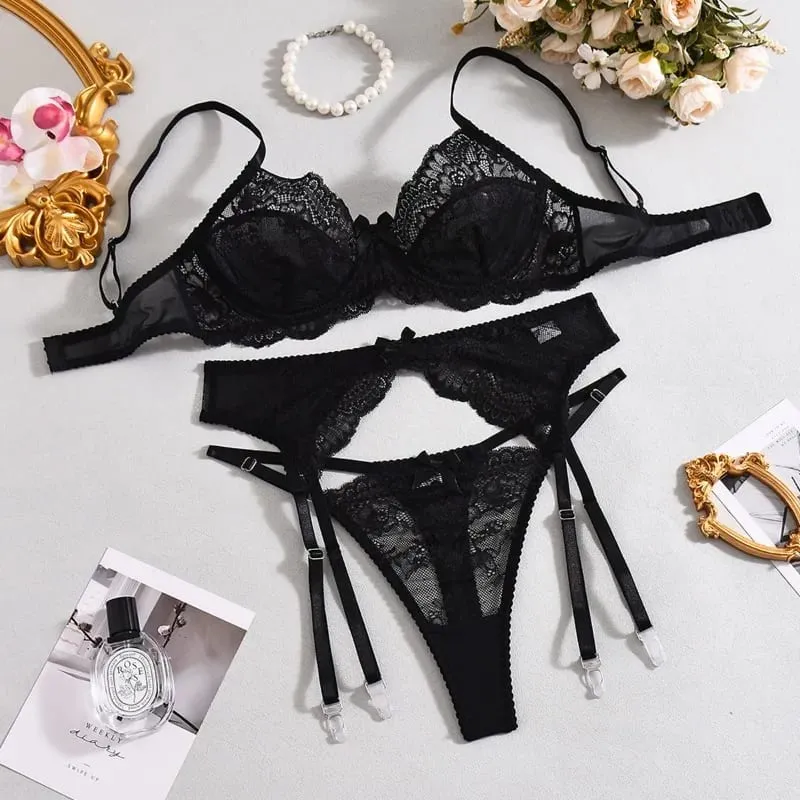 Elegant Women's Lingerie Sets Delicate Floral Embroidery Lace Bra Thong Garter Belts 3PC See Through Sexy Underwear Erotic Sets — image 7