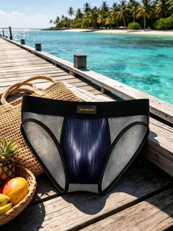 กางเกงบุรุษ Patchwork SHEER ตาข่ายแนวตั้ง Stripe GLOSS POUCH ต่ำเอวกว้างเอวยางยืด Breathable ชายชุดชั้นใน DP923 — image 5