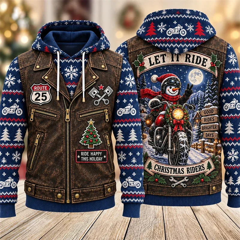 Christmas Biker Hoodie 3D Print Santa Reindeer Gingerbread Rider Faux Leather Vest Holiday Pullover Winter Streetwear Gift — image 10
