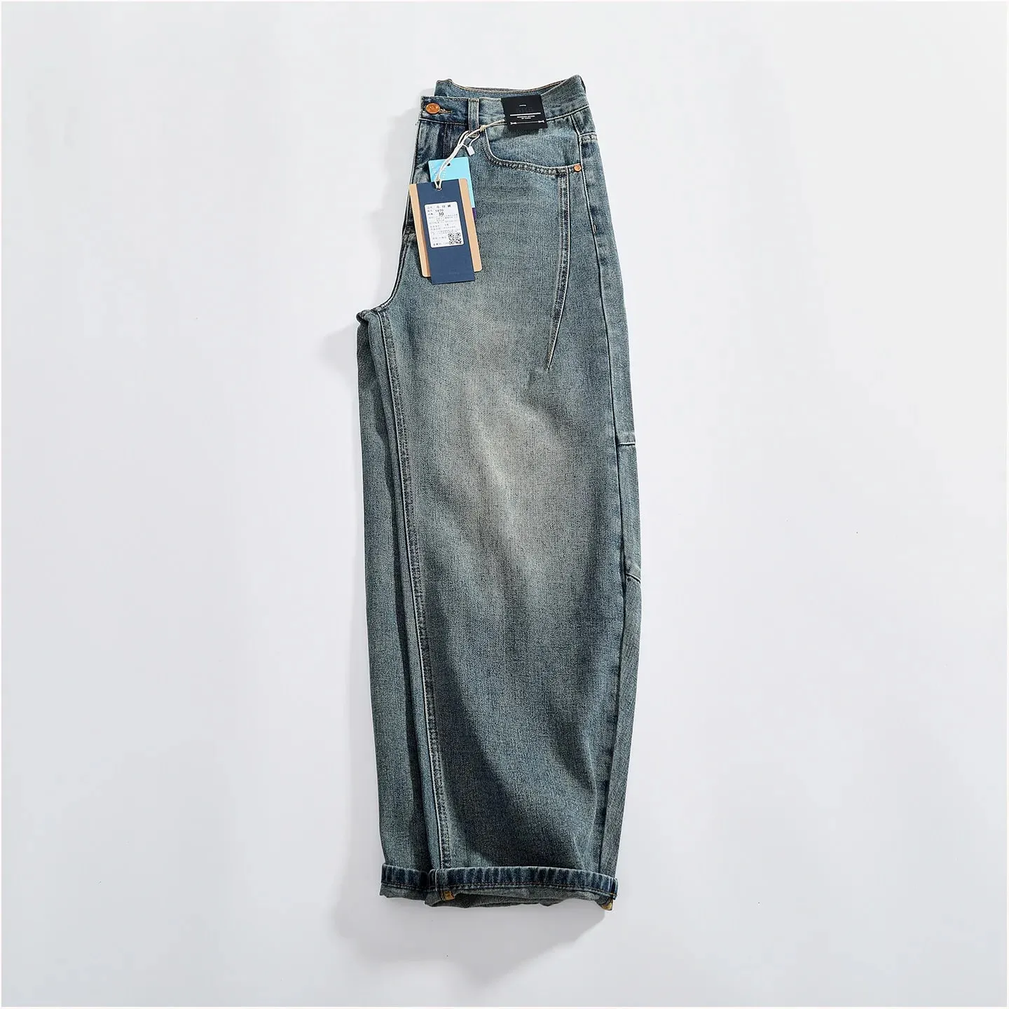 Retro distressed whiskering jeans for men three-dimensional split silhouette wide-leg loose denim trousers — image 9