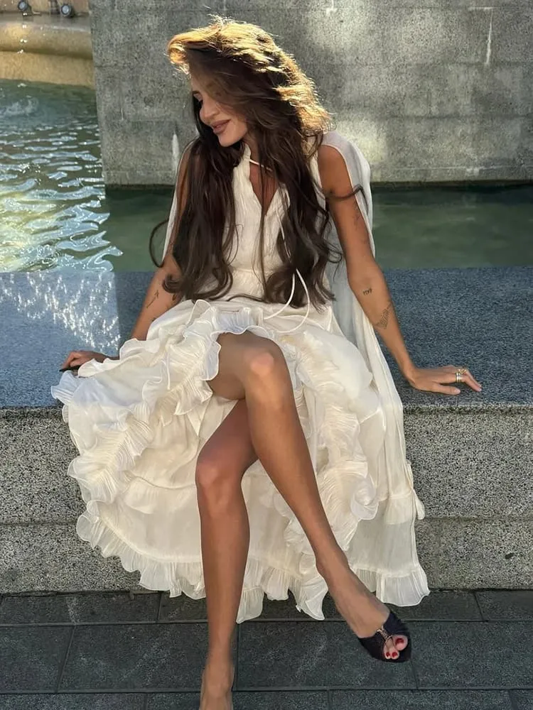 Stunning Shiny Ruffles Lace Up Mini Dress Chic Allentato Scava Fuori A-line Pieghettato Abiti Lady Summer Party Gowns 2026 Spring New
