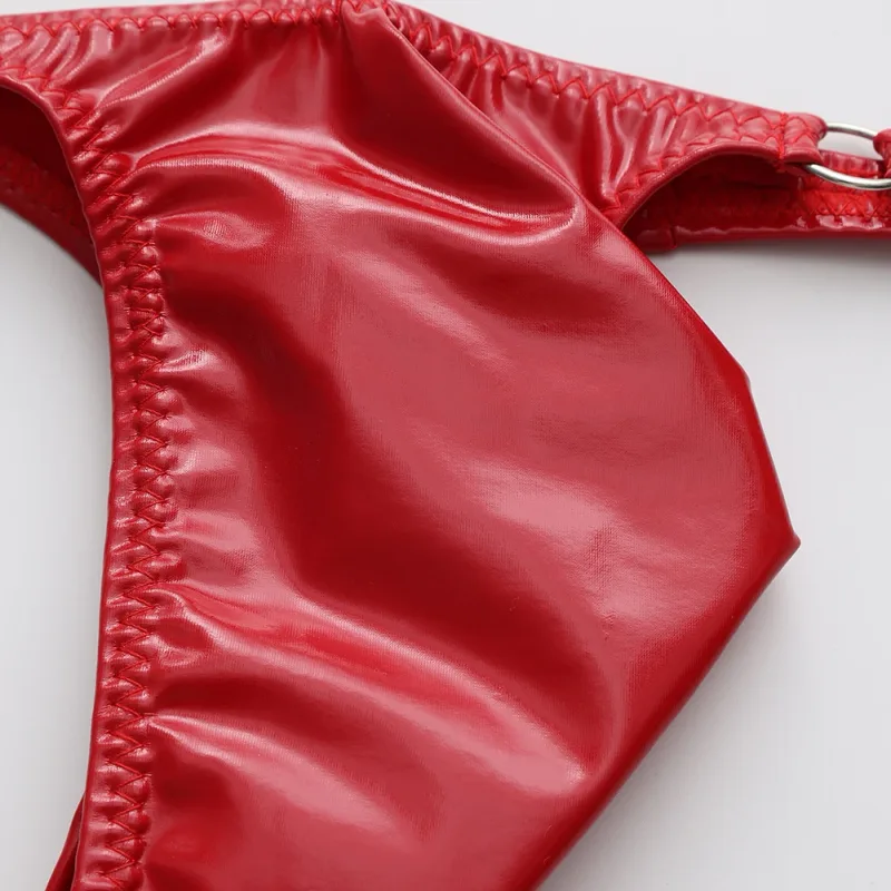 1pc Men Shiny Leather Waist With Metal Ring G-strings Thongs Gay Bulge Pouch Low Waist Stretchy Underwear Butt-Exposing Sexy — image 6