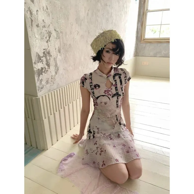 歐美潮流甜美酷女孩七分旗袍洋裝動漫花朵印花中式立領青蛙紐扣修身休閒裝 — image 2