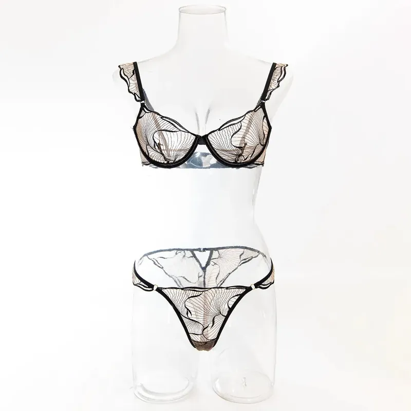 セクシーな French Floral Embroidery Lace Bra Set Women Ultra Thin Sheer Minimizer Brassiere Hollow Out Soft Breathable Lingerie 32-38