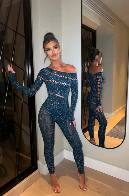 2026 Lace Embroidery Bra Set Women Sexy Mesh Rhinestone Jumpsuit Long Sleeve See Through Sexy Bustier Lingerie for Women — image 8