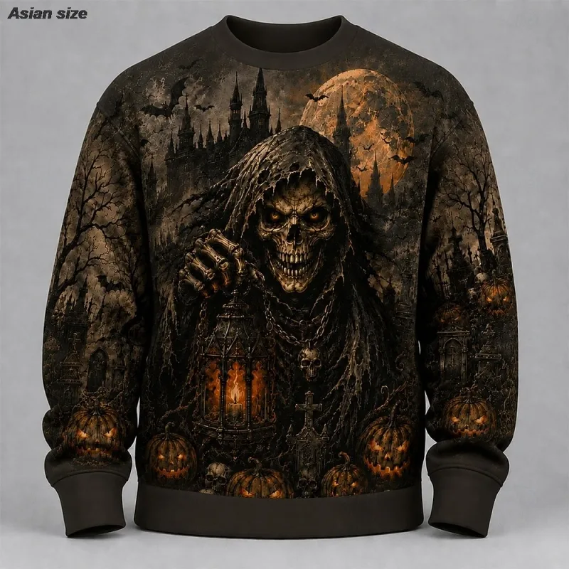 Fleece Sweatshirts Halloween Men's Skulls Sweatshirt Punk Party Gothic Crew Neck Vacation Blue Dark orange Brown Green — image 9