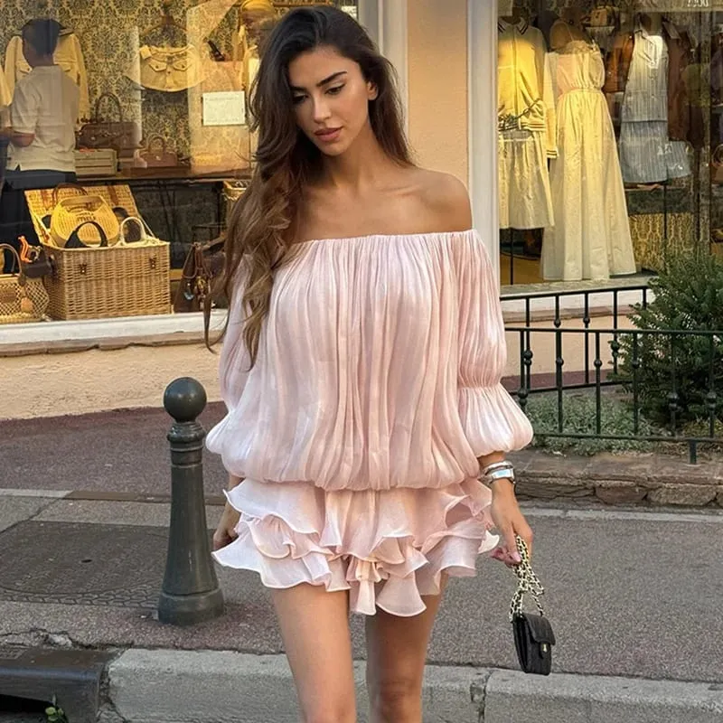 Ticketsx Sommer Glänzende Schulter Dünne Plissee Mini Kleid Elegante Solide Rüschen Langarm Vestidos Dame Party Abendkleid
