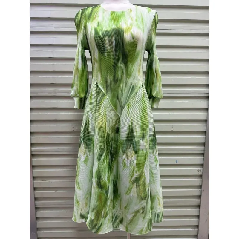 Miyake Plissee Kleider 2026 Herbst Neue Sanfte Französisch Druck Elegante Stretch Plus Größe frauen Langarm Bounce Blume Knospe kleid — image 9