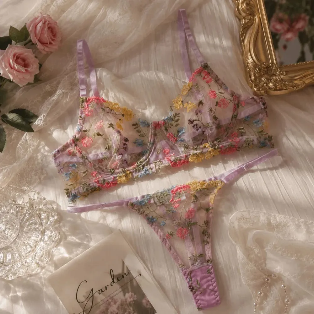 Sheer Intimates Transparent Lingerie Set Push Up Elegant Panties Bra Set Ultra-thin Embroidery Floral Underwear Women — image 4