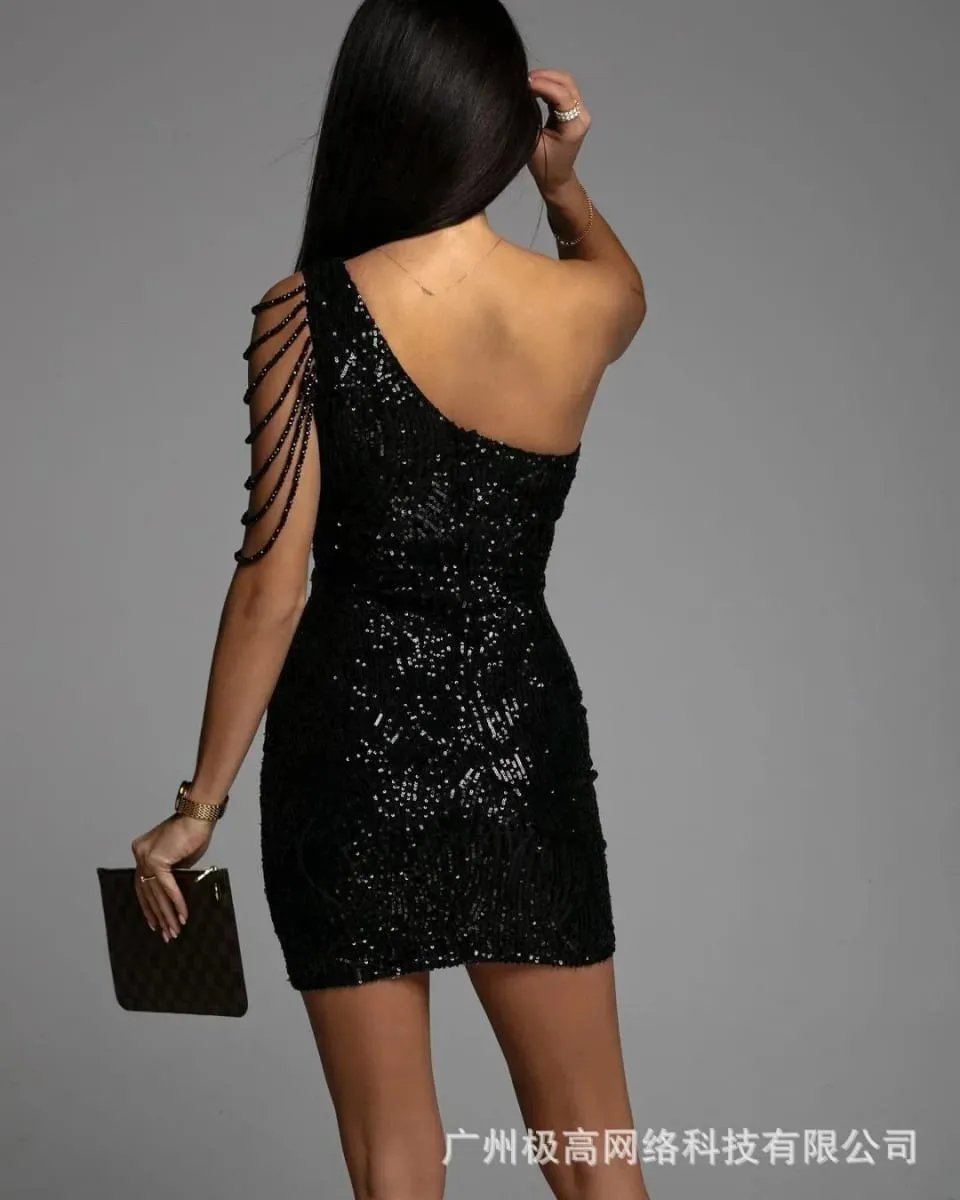 Abito da festa con paillettes allover con spalline ritagliate Abito da donna senza maniche a vita alta con paillettes slim tinta unita — image 4