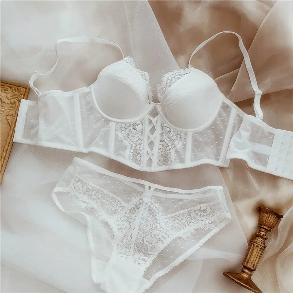 Popular French Vintage Lace Women Bra Set Soft Underwire Thin Cup Bone Support Push Up Side Gather Armpit Fat Underwear 32-38AB — image 4