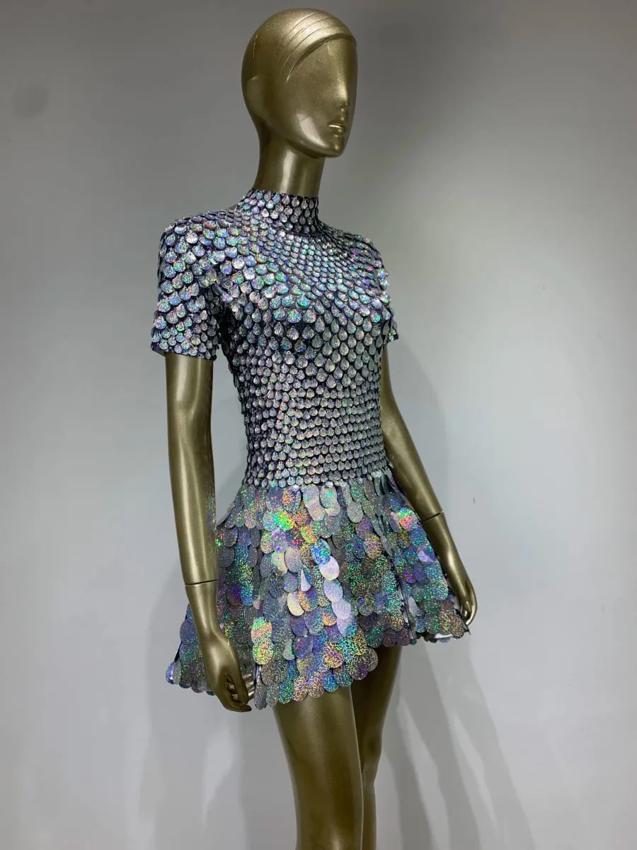 Estate donna moda mezzo collo alto manica corta sirena lucida paillettes mini abito club abito discoteca costume da spettacolo teatrale — image 6