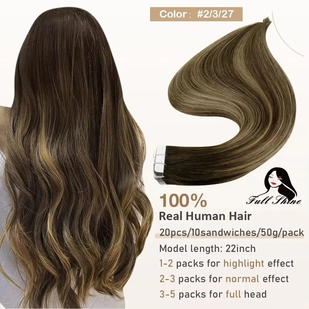 Full Shine Tape in Hair Extensions 20Pcs Skin Weft Remy Straight Hair Glue on Brazilian Hair for Women
