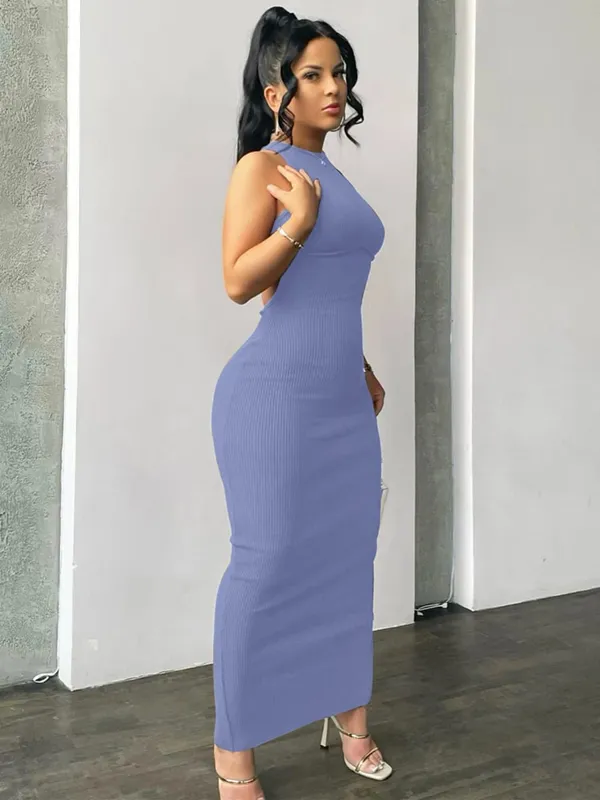 Hugcitar Ribbed Solid Hollow Out Backless Sleeveless Sexy Slit Mini Dress Bodycon 2025 Spring Women Outfits Elegant Party Y2K