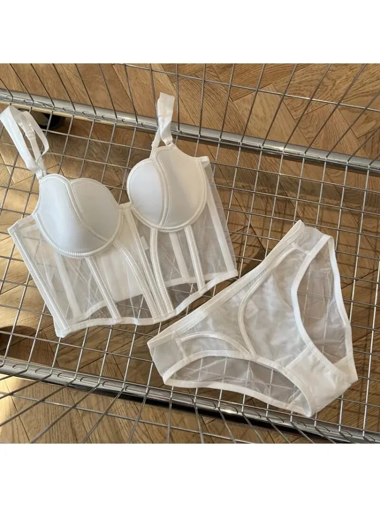 Francouzská dlouhá síťovina z rybí kosti Patchworková podprsenka pro štíhlé tvarování hrudníku sexy oblečení na spodní prádlo měkké pohodlné spodní prádlo oblek S-XL — image 2
