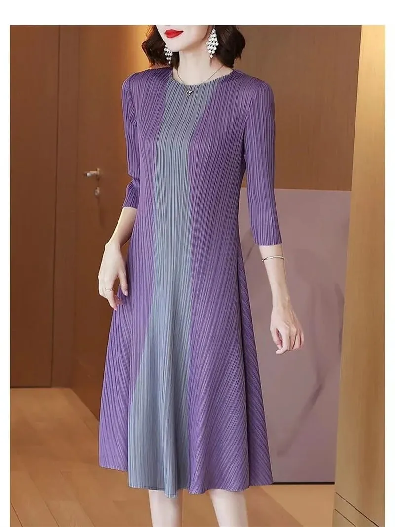 Miyake美麗晚禮服百褶女洋裝簡約時尚撞色彈性寬鬆短袖繫帶腰連身裙 — image 4