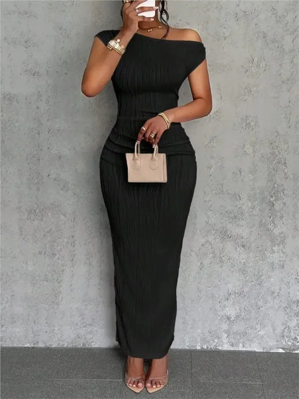Módní vlnité šaty se šikmými rameny Dámské elegantní a jednoduché jednobarevné límec do áčka Mid pasem Sexy zavinovací sukně