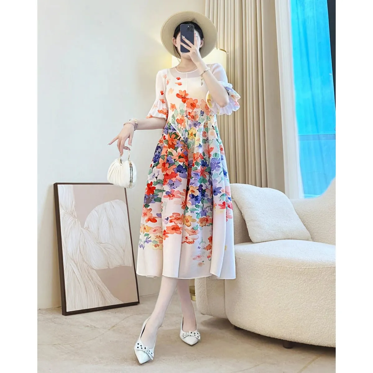 Miyake – robe plissée à imprimé Floral pour femmes, élégante, Chic, col rond, manches lanternes, élastique, ample, décontractée, nouvelle collection — image 4