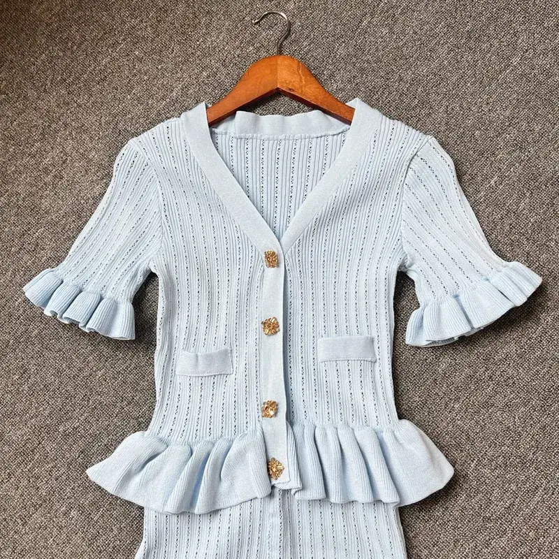 YuooMuoo marca de moda de una pieza de punto Maxi Vestido de mujer elegante con cuello en V con volantes cintura delgada ceñido al cuerpo suéter Vestido de fiesta