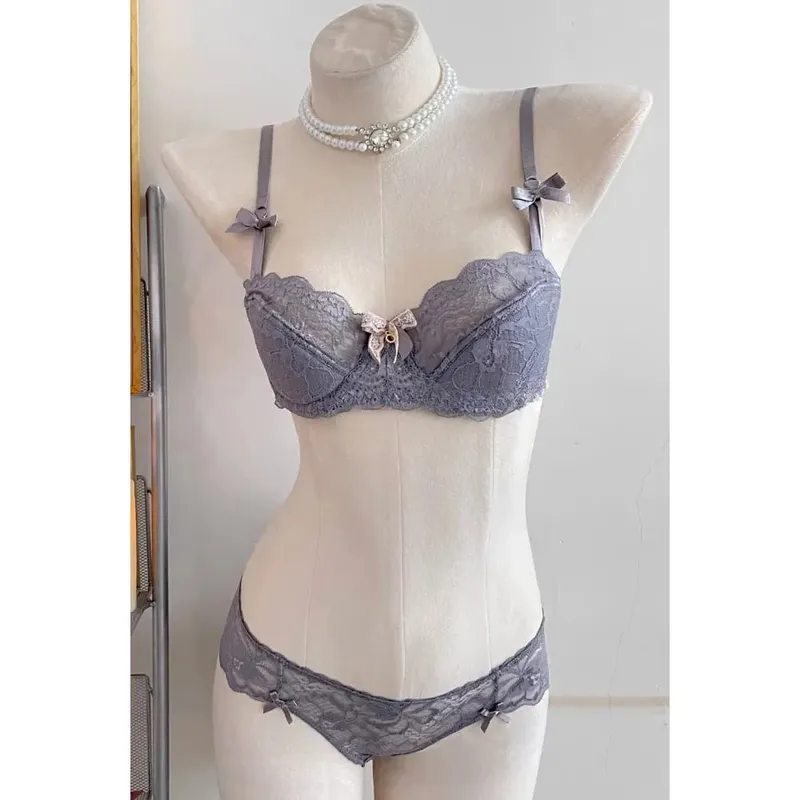 Popular Pure Desire Lace Bra Set 32‑38AB Underwire Large Bust Minimizer Push Up Side Support Lingerie For Young Girls Daily Wear