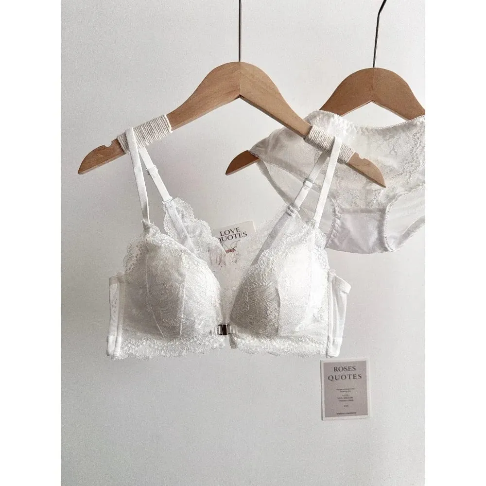 Women Small Bust Lace Bra Set Front Closure Wireless Beautiful Back Push‑Up Brassiere Soft Daily Lingerie Underwear Size 32‑38AB