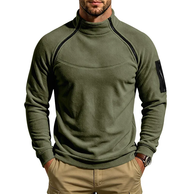 Men Fleece Stand Collar Sweatshirt Diagonal Zipper Arm Pocket Long Sleeve Loose Casual Pullover Autumn Winter Outdoor Tops