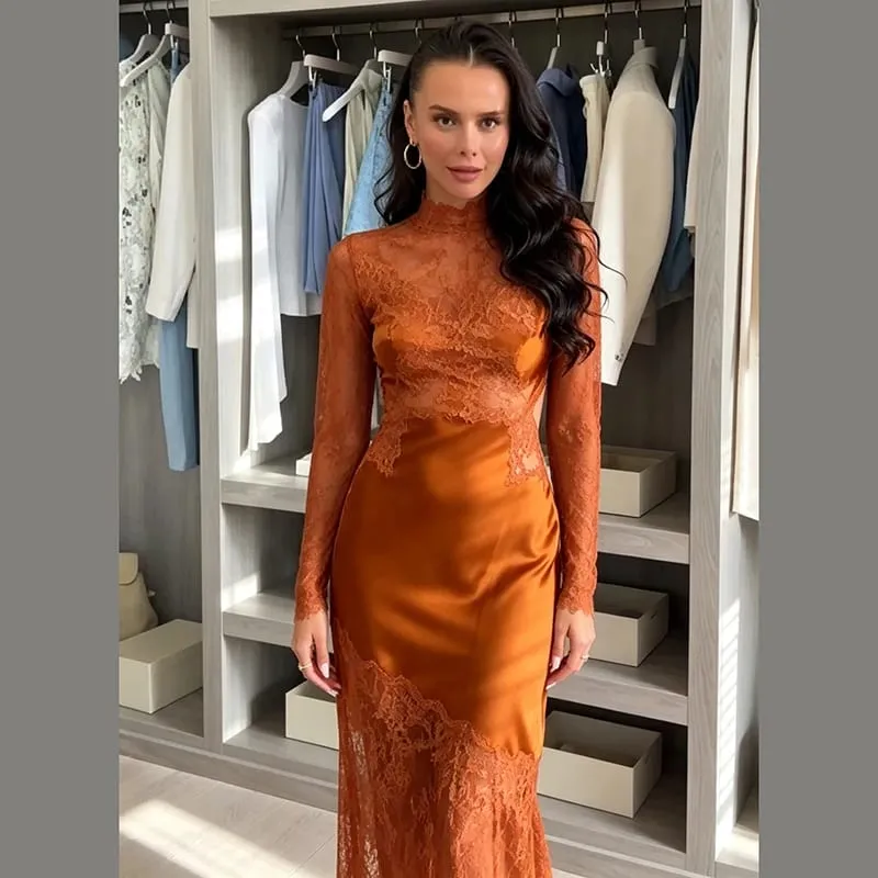 Women Slim Fit Lace Satin Mermaid Gown High Neck Long Sleeve Cutout Back Maxi Dress Female Formal Wedding Guest Party Dresses