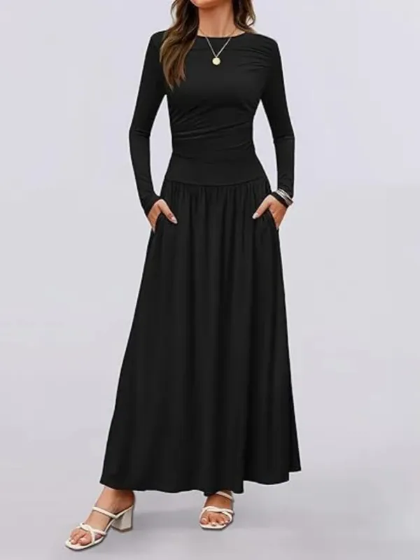 Musim luruh Ketibaan Baru Wanita Lengan Panjang Maxi Dress Selesa Fit Ruched Detail Pelbagai Warna untuk Pakaian Kasual Setiap Hari — image 8