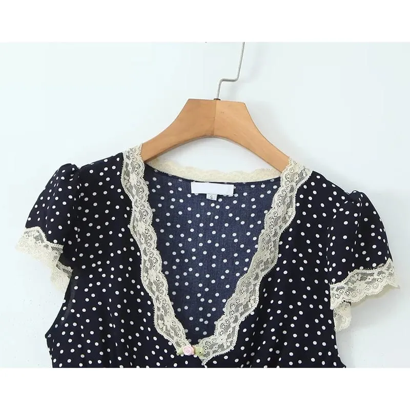 Gaun Panjang Polka Dot Biru Laut Wanita 2025 Gaun Liburan Elegan A-line Lengan Pendek Leher V Potongan Renda Jubah Maxi Musim Panas