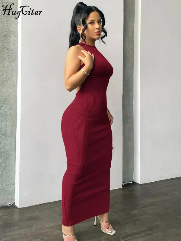 Hugcitar Ribbed Solid Hollow Out Backless Sleeveless Sexy Slit Mini Dress Bodycon 2025 Spring Women Outfits Elegant Party Y2K