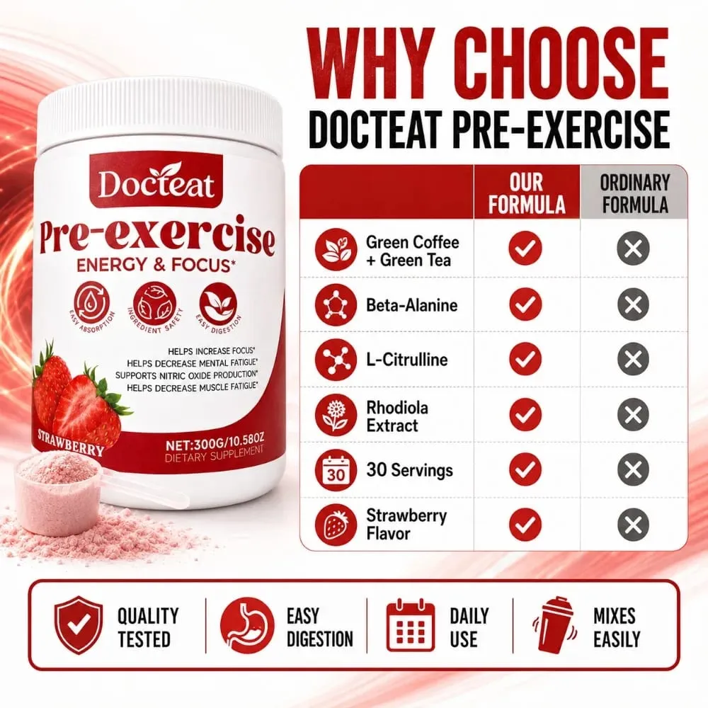 Docteat Pre Workout Powder Strawberry Energy & Focus Support Beta-Alanine L-Citrulline Rhodiola 300g 30 Portioner Drikkeblanding — image 7