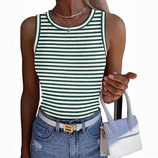 Women Striped Ribbed Tank Top 2026 Summer Casual Sleeveless Round Neck Slim Fit Vest Female Daily Streetwear Basic Undershirt — image 4