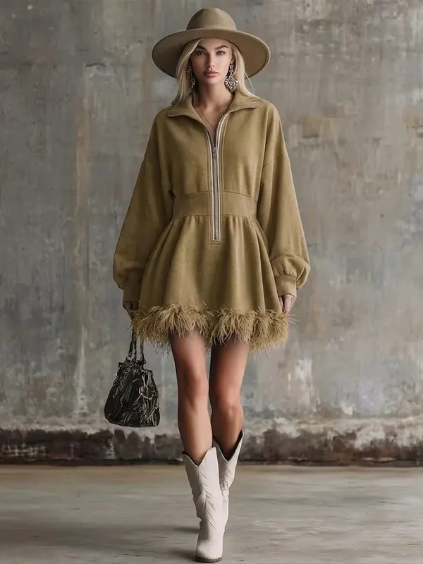 Fashion Dress Autumn Winter Casual Solid Color Simple Street Style Long Sleeved Zipper V-neck Feather Edge Cinched Waist Dresses