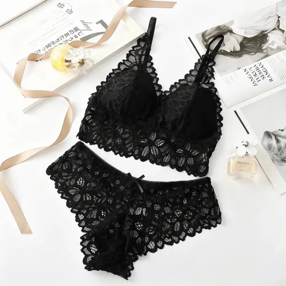 French Style Lace Lingerie Set Wireless Bra Panty Sexy Breathable Thin Cup Underwear Comfortable Gathered Intimate Wear — image 5
