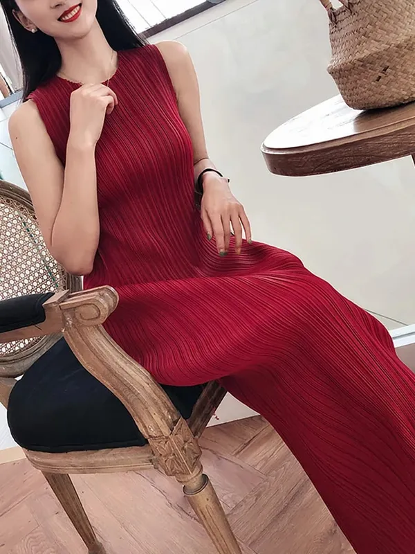 Miyake Plissee Frauen Kleid Sommer Ärmellose Lange Klassische Koreanische Mode Lässig Elegante Weibliche Lce Wasser Blau Strand Kleid TP5045 — image 4