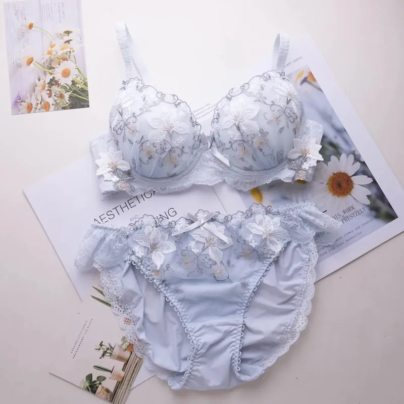 Süßes Dessous-Set im japanischen Stil mit dünnem, besticktem BH-Set mit flachen Körbchen und Scheiben Typ 2