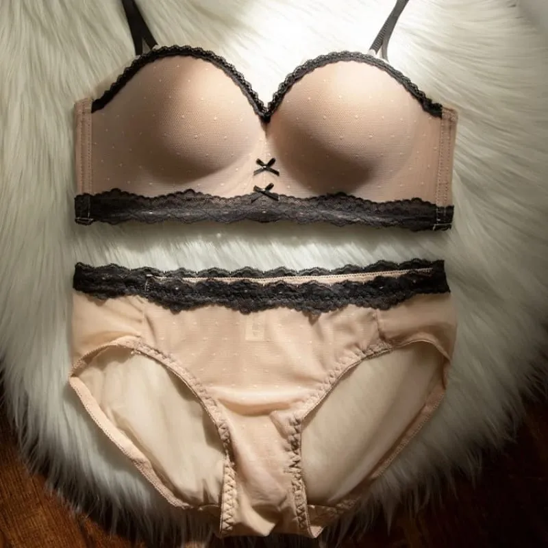 Sexy Mesh Wire Free Underwear Set Women Lace Dot 1/2 Palm Cup Push Up Bra Summer Detachable Strap Lingerie and Panties Sets