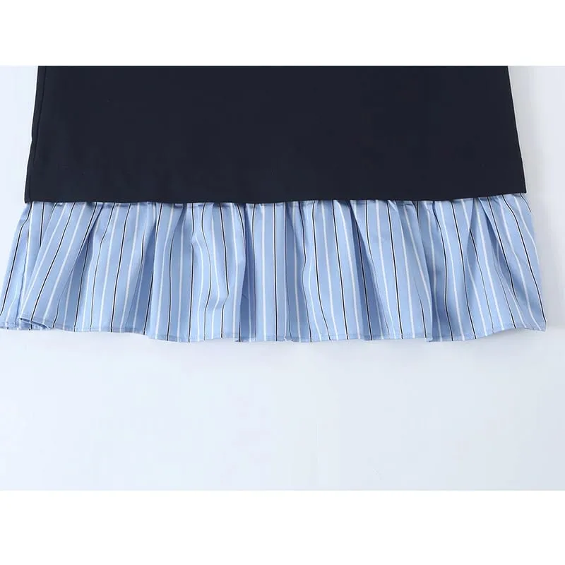 Ladies Contrast Stripe Spliced Casual Short Dress Bow Tie Neck Half Sleeve Ruffled Hem Loose Fit Commuter Dresses — image 4