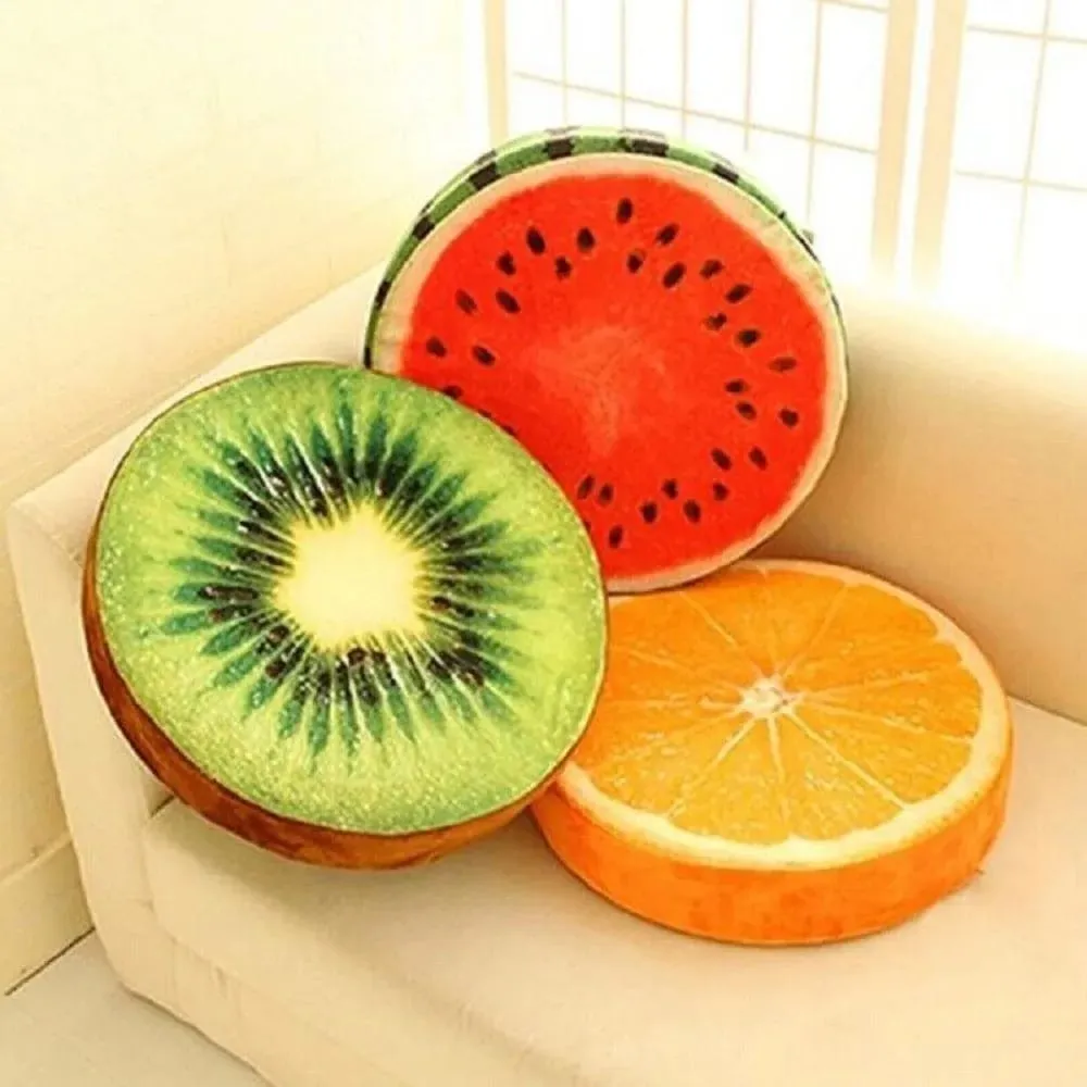 Cute Round Fruit Pillow Fruit Slice Print Plush Fabric Seat Cushion Stuffed Inner Simulation Plush Pillow Sofa Decor