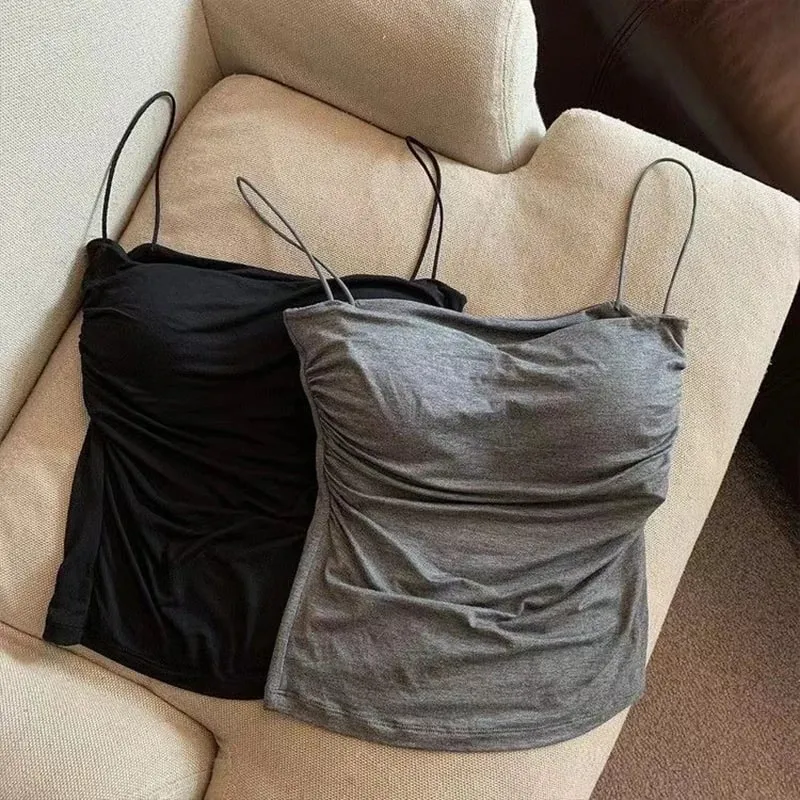 Sexy Solid Pleated Tank Camisole Women's Summer Spaghetti Strap Sleeveless Tops — image 3