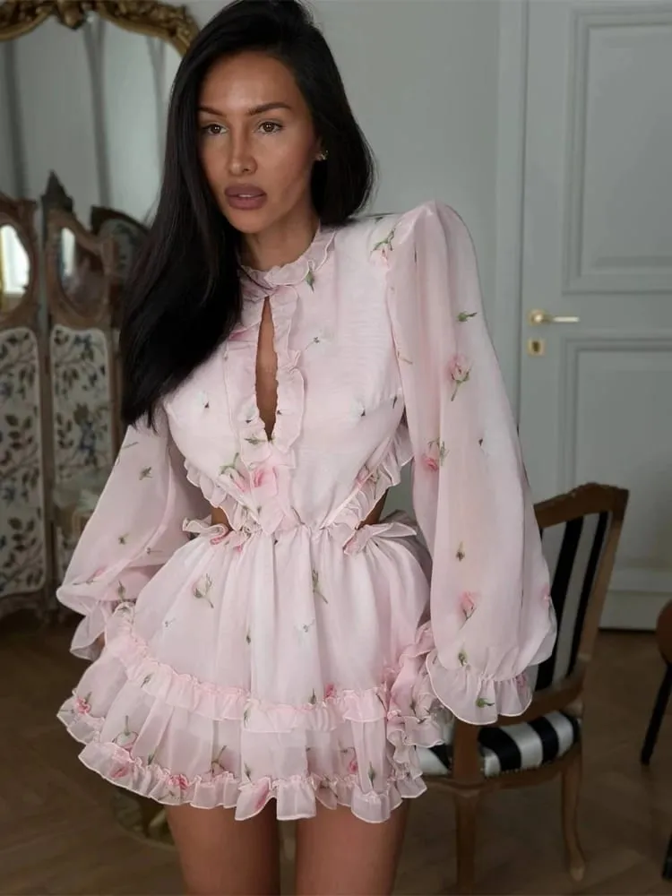 Mini robe à imprimé Floral, dos nu, élégante, col rond, manches longues, volants, robes trapèze, Chic, vacances, été — image 2