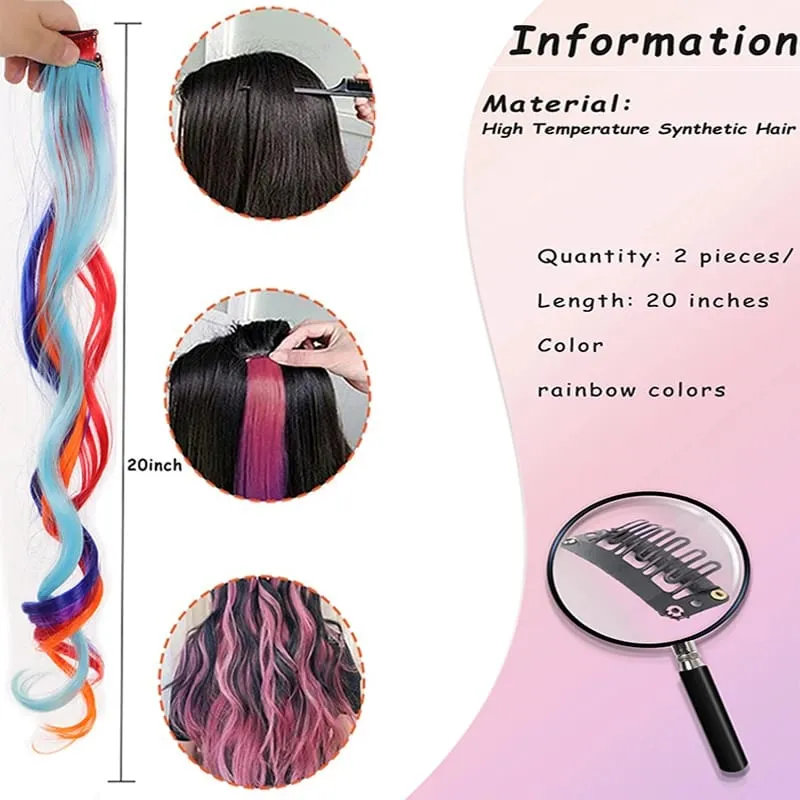 2PCS Rainbow Mixed Color Clip In Hair Extensions 20 Inch Curly Synthetic Hair for Girls Women Halloween Cosplay Party — image 3