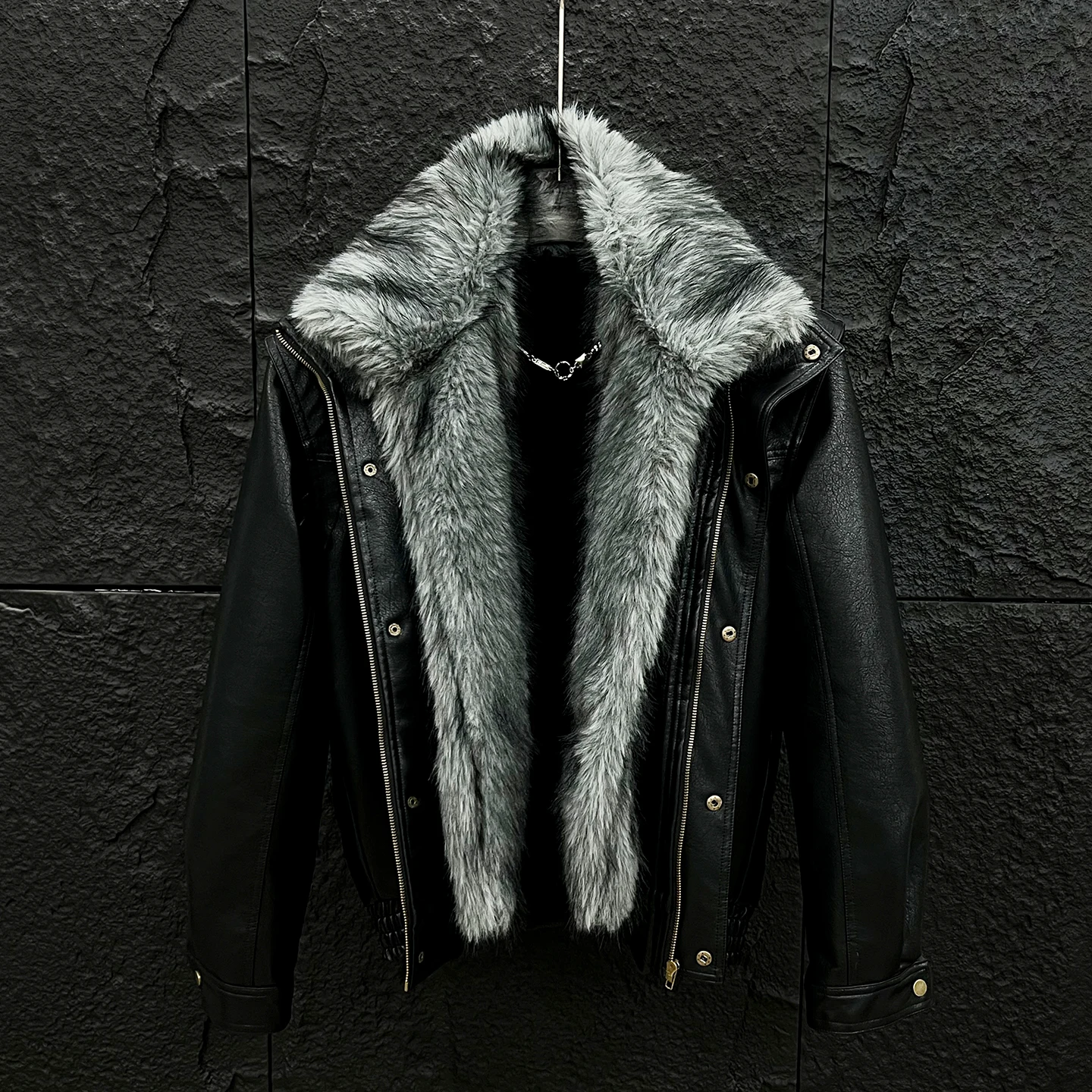Techwear Style Detachable Faux Fur Collar Leather Jackets Man Winter Warmer Motorcycle Vintage Punk Leather Coat — image 1