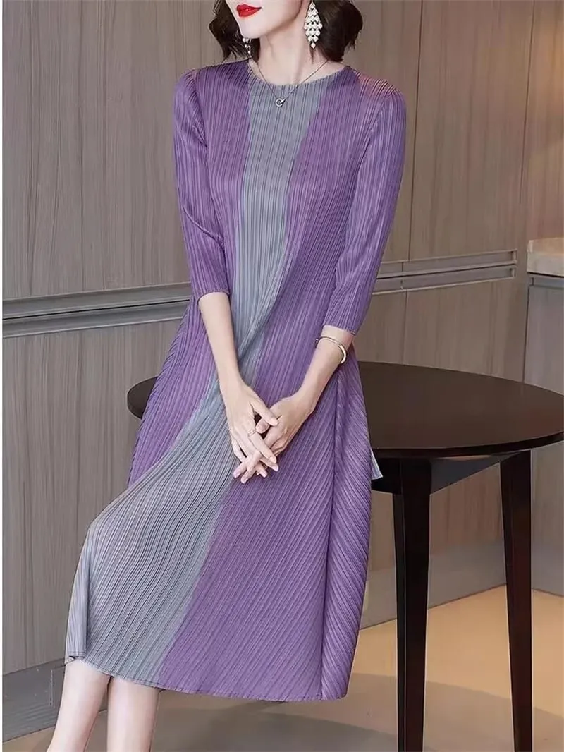 Miyake美麗晚禮服百褶女洋裝簡約時尚撞色彈性寬鬆短袖繫帶腰連身裙 — image 6