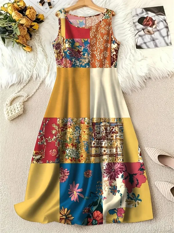 Summer Fashion Round-Neck Women's Dresses Botanical Floral Color-Blocked Patchwork Dresses Travel Party and Beach Dresses — image 2