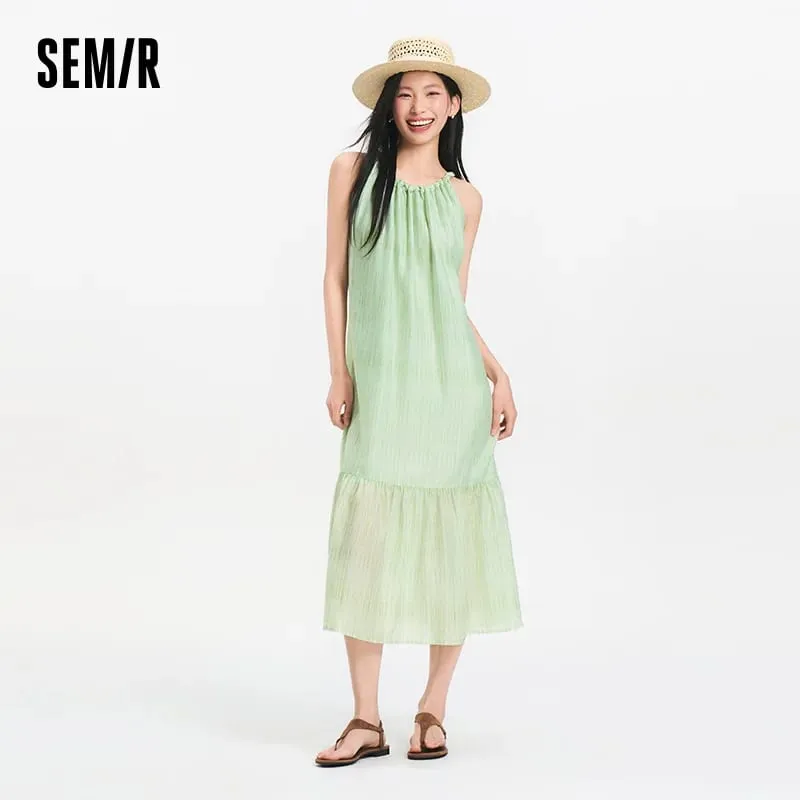 Pakaian Wanita Semir Ikatan Simpul Bertekstur Halter Leher Percutian A Line Maxi 2026 Musim Panas Romantik Segar Elegan Lembut Selesa Top Percutian